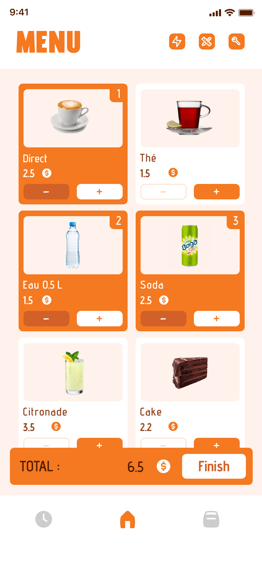 lKarni Menu screen, order management with product cards