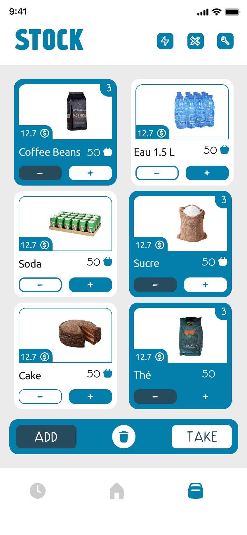 lKarni Stock screen, inventory with product grid
